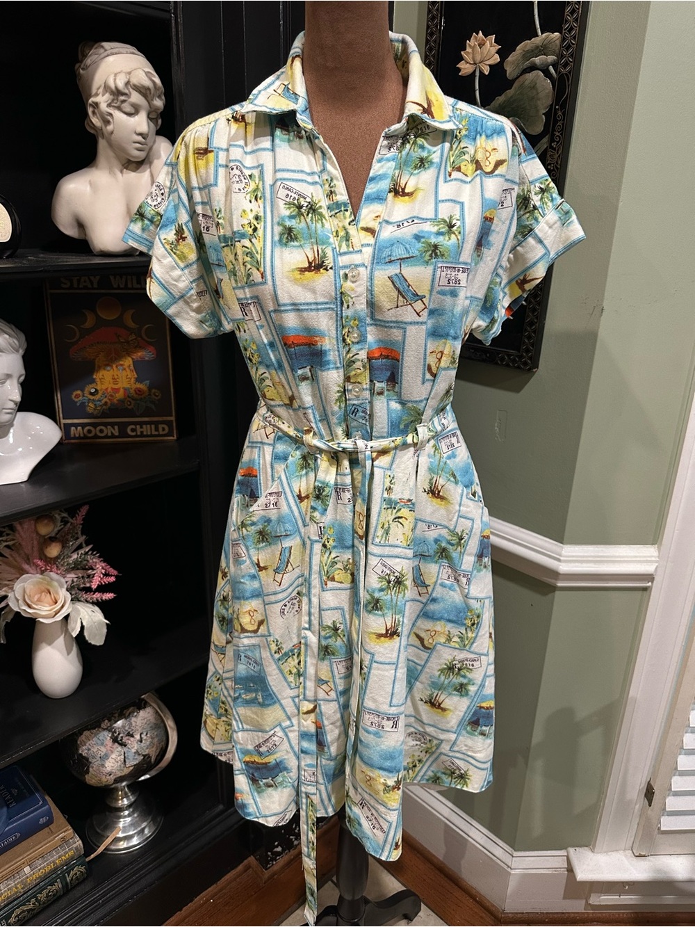 Zarr Collection Tropical Linen Blend Shirt Dress Beach Print Belted Size 8
